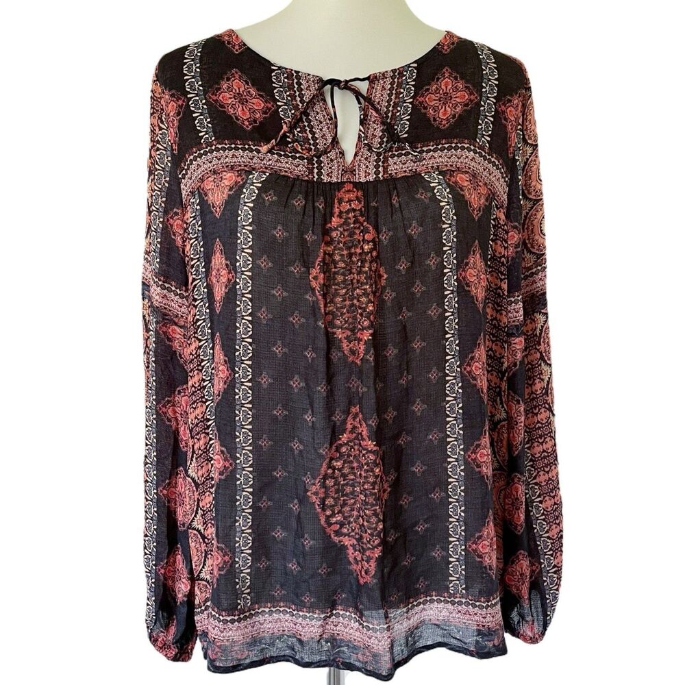 Lucky Brand Viscose Tie Neck Keyhole Blouse Top Shirt Long Sleeve Black M Medium